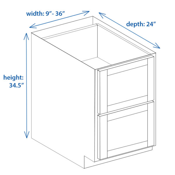 Shaker Base Cabinet Two Drawer Base - Width 9 Inch to 36 Inch