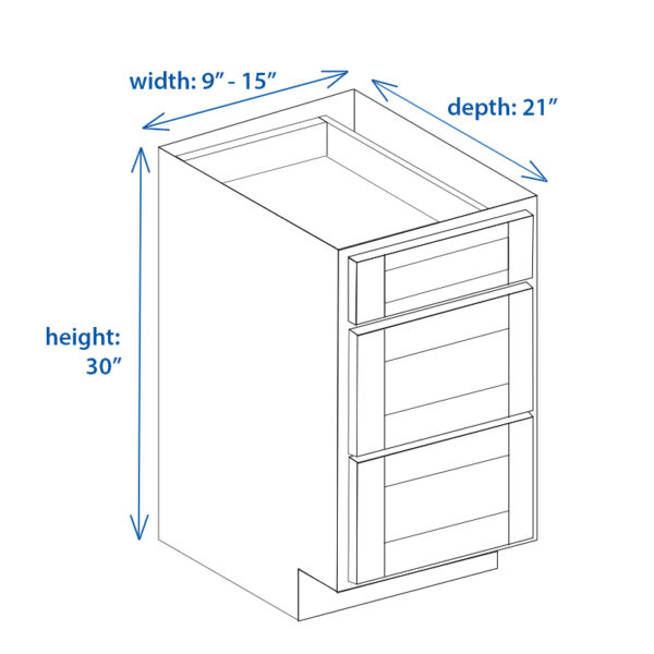 Shaker Vanity Base Cabinet (Three Drawer) 9"- 15" Width x 30" Height x 21" Depth